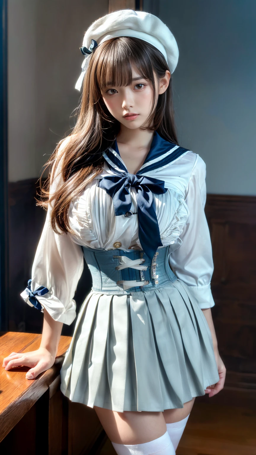 (absurdres:1.3), (highres:1.3), (ultra detailed:1.3),(1girl:1.3), (extremely detailed CG unity 8k wallpaper:1.3), (detailed skin texture, detailed cloth texture, detailed hair texture), (beautiful detailed face, supermodel, pale skin, realistic glistening skin), (RAW photo, best quality), (realistic, photo-realistic:1.4), masterpiece, extremely delicate and beautiful,Amazing, finely detail, extremely detailed CG unity 8k wallpaper, huge filesize, ultra-detailed, highres, absurdres, soft light,rim light, vibrant details, hotel room, straight hair, large breasts, black hair color, Big Natural Color Lip, (perfect body shape), beautiful legs, (white (skirt, pleated skirt):1.5), (white beret with light-blue ribbon:1.4), (blue sailor collar:1.4), (white shirt:1.4), (double-breasted on deep-blue waist cincher:1.3), (short bishop-sleeve:1.3), (light-blue ribbon:1.3), ((white socks, loafers):1.2), crying a little、Harajuku style、20 year old girl、cute type、ta、
