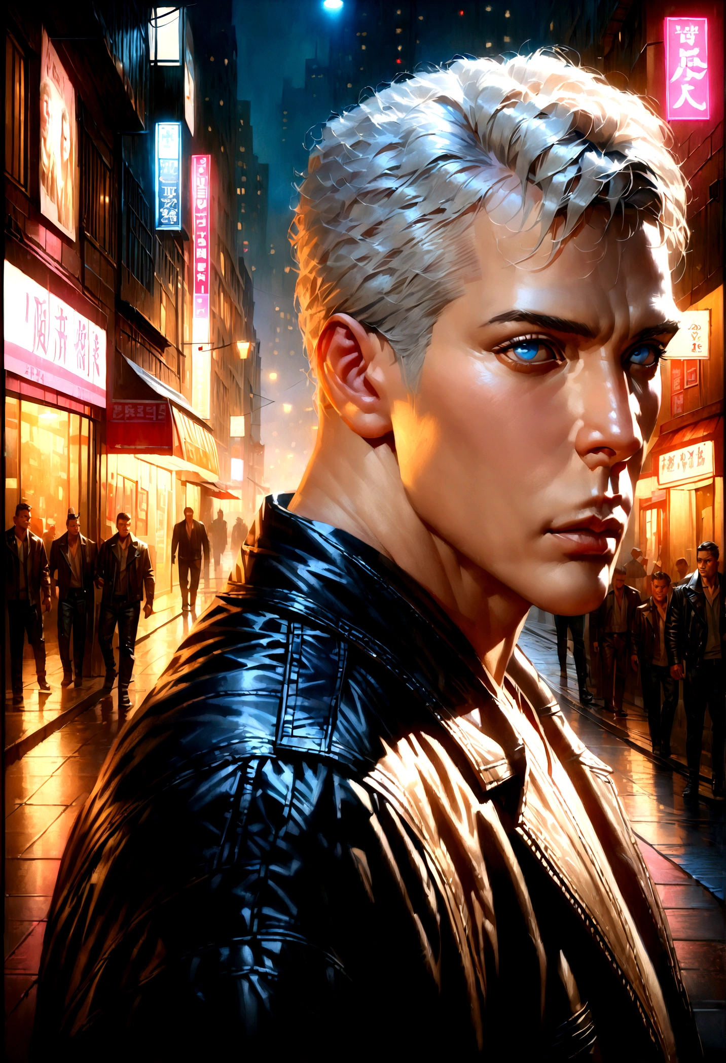 a man with short white hair, piercing blue eyes, handsome facial features, muscular athletic build, wearing a black leather jacket, standing in an urban city street at night, glowing neon signs in the background, dramatic lighting and shadows, cinematic mood, (best quality,4k,8k,highres,masterpiece:1.2),ultra-detailed,(realistic,photorealistic,photo-realistic:1.37),cinematic lighting, moody atmosphere, urban landscape