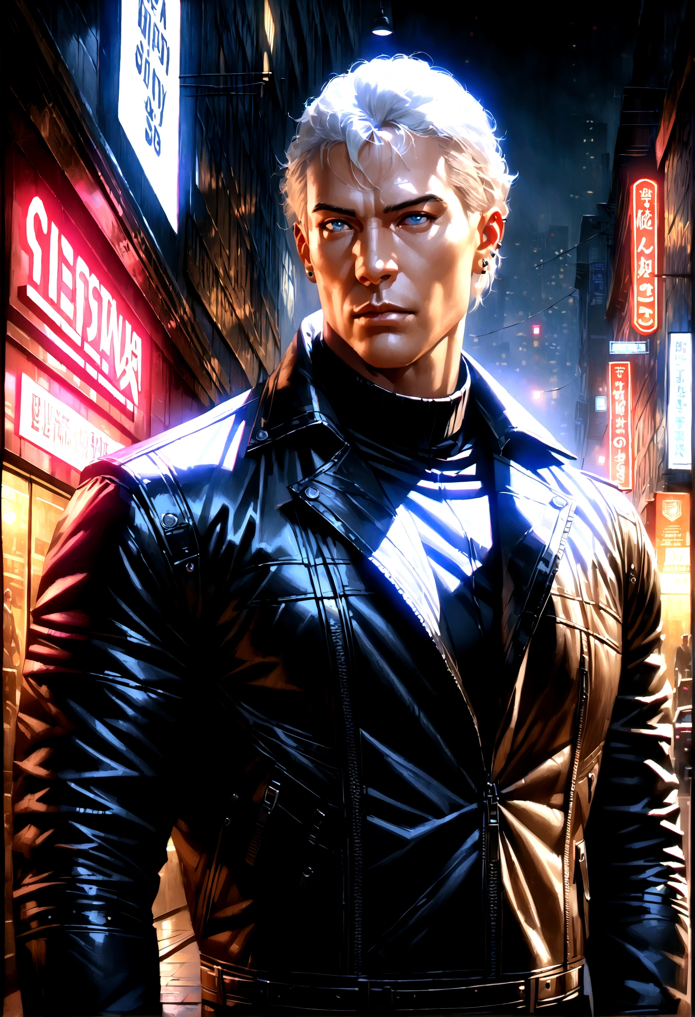 a man with short white hair, piercing blue eyes, handsome facial features, muscular athletic build, wearing a black leather jacket, standing in an urban city street at night, glowing neon signs in the background, dramatic lighting and shadows, cinematic mood, (best quality,4k,8k,highres,masterpiece:1.2),ultra-detailed,(realistic,photorealistic,photo-realistic:1.37),cinematic lighting, moody atmosphere, urban landscape