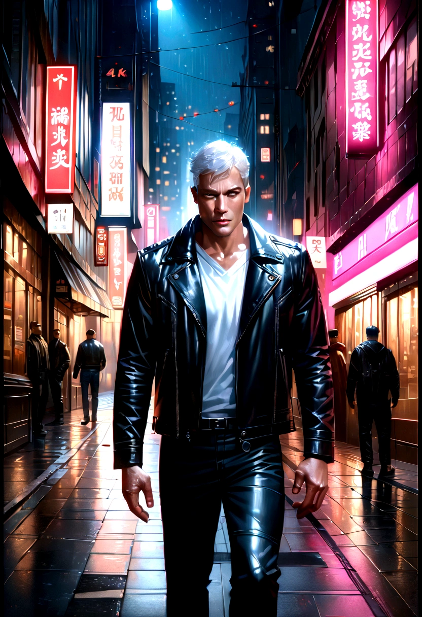 a man with short white hair, piercing blue eyes, handsome facial features, muscular athletic build, wearing a black leather jacket, standing in an urban city street at night, glowing neon signs in the background, dramatic lighting and shadows, cinematic mood, (best quality,4k,8k,highres,masterpiece:1.2),ultra-detailed,(realistic,photorealistic,photo-realistic:1.37),cinematic lighting, moody atmosphere, urban landscape