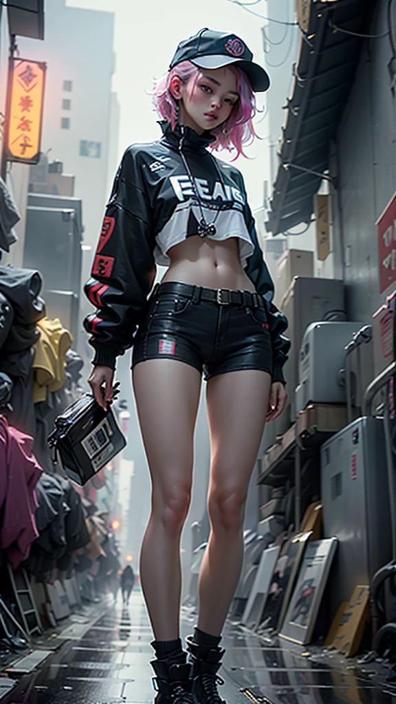 Beautiful woman medium hair, wearing cap, cyberpunk style short clothes