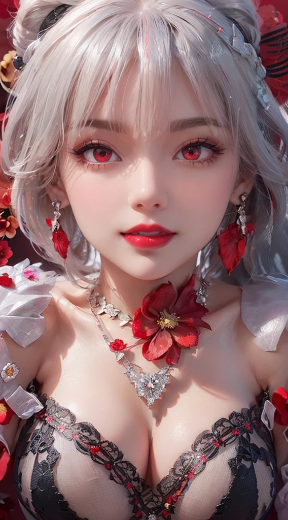 1 beautiful and attractive 20 year old girl, ((wearing an ultra-thin red dress with diamonds: 1.6)), ((long platinum hair: 1.8)), bangs, elaborate jewelry made from gems and bangs beautiful hair, ((wearing a black lace necklace:1.4)), noble, noble style of an extremely beautiful girl, super cute small face, very pretty face, eyebrows sparse, beautiful, flawless face, ((black eye pupils: 0.8)), very pleasing to the eye, ((light red eyes: 1.5)), beautiful makeup and hair, detailed eyelashes, wet eye makeup, high nose, earrings, red lips, ((closed mouth: 1.5 )) beautiful lips, slim hands, most beautiful thighs, rosy face, clean face, flawless beautiful face, white skin smooth, ((big breasts: 1.5)), ((high breasts: 1.6)), firm breasts, nice cleavage, ((super round breasts: 1.5) ), ((super tight breasts: 1.5)), breasts beautiful, ((shoulder width: 1.6)), beautiful breasts, thin black mesh stockings with black lace trim, perfect body, 8k photo, super high quality, super realistic, super 10x pixels, optical research, lighting studio, edge lighting, two-tone lighting, (high detail skin: 1.2), ultra 8k, soft lighting, high quality, volumetric lighting, optical, high resolution optical, lighting bright, best photo, 4k, 8k quality, blur effect, smooth sharpness, 10 x pixels, ((red flower background:1.7)), aurora, lightning, ultra-realistic graphics, original most realistic drawing, alone, solo, extremely sharp, surreal image, upper body of the girl , (((frontal portrait: 1.8)))."
