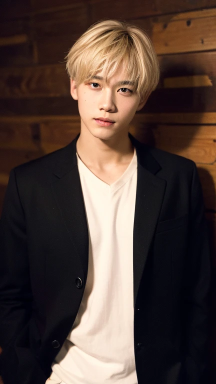 (Highly realistic photos, concentrated、High resolution, Detailed face, Detailed Hair,fine grain), ((Shooting in front of a wall))、Japanese men, 20-year-old, (Two boys),There are two people in the photo、Natural look、Upper body portrait, good looking,View the viewer,manly,short hair,Dyed red hair and blonde,masterpiece,Create a soft face,Not a smile, but still friendly, sunghoon, (Sung Hoon), enhypen, stage makeup, fair skin, broad shoulders, (redhead, :1.2), (bionde, :1.2) (neckless), highlights the vibrancy of Tokyo nightlife, vibrant lighting against a dark background, natural pose, standing close together without arms around each other's shoulders, this intense neon lighting creates a dynamic, colorful shadow on his face --ar 3:4 --style raw --stylized 250
