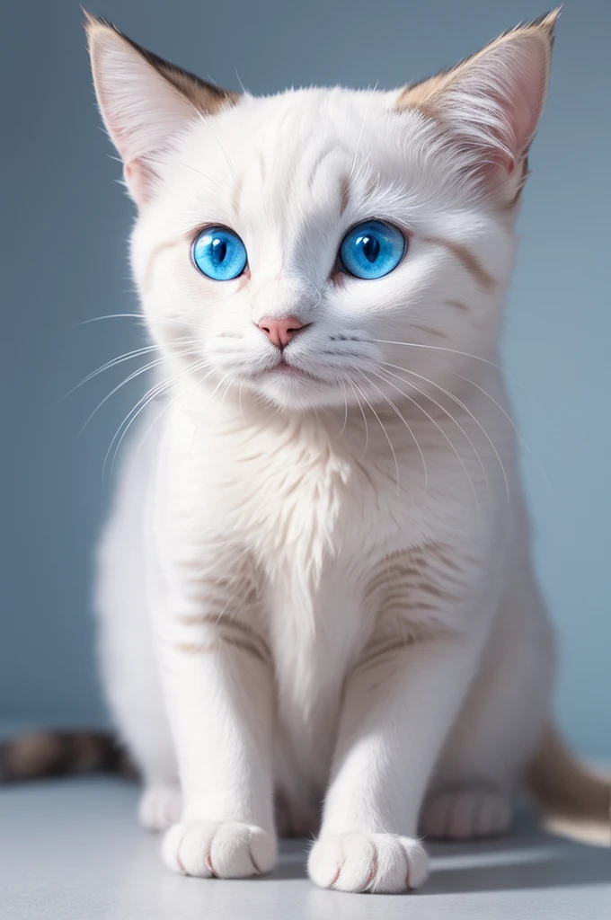 Create a cat with white skin color and brown markings with a little blue fur and light blue eyes