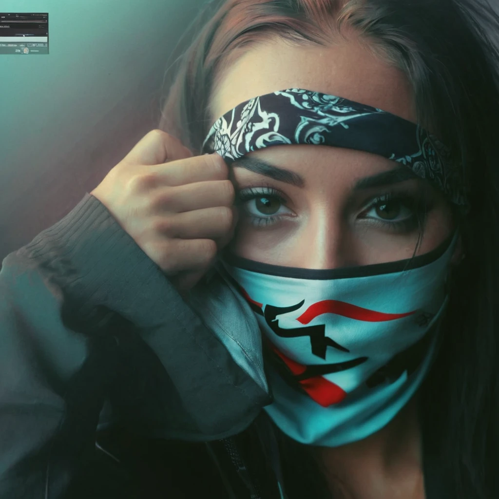 there is a woman with a bandana covering her face, distorted photo, wlop!!, wlop |, badass filters and effects, made with photoshop, hyperealistic photo, loish and wlop, smogpunk, beeple!!, wlop style, by Zahari Zograf, anaglyph effect, photo manipulation, vaponpunk