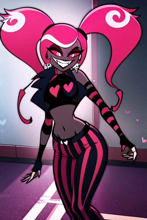 VelvetteHH, dark eyeshadow, white pupils, red sclera, pink hair, two-tone hair, twintails, long hair, skull earrings, colored skin, dark skin, fangs, black jacket, (black crop top:1.4), (crop top with heart design), bare shoulders, fingerless gloves, elbow gloves, (vertical striped pants:1.2), standing, smile, looking at viewer, indoors