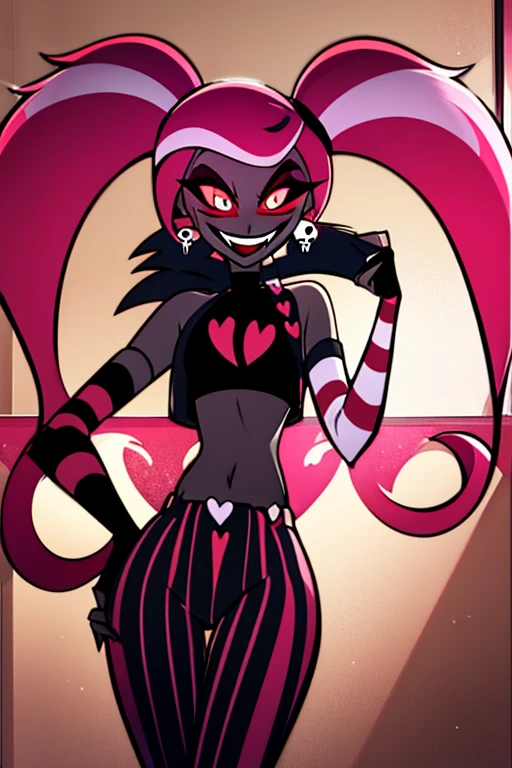 VelvetteHH, dark eyeshadow, white pupils, red sclera, pink hair, two-tone hair, twintails, long hair, skull earrings, colored skin, dark skin, fangs, black jacket, (black crop top:1.4), (crop top with heart design), bare shoulders, fingerless gloves, elbow gloves, (vertical striped pants:1.2), standing, smile, looking at viewer, indoors