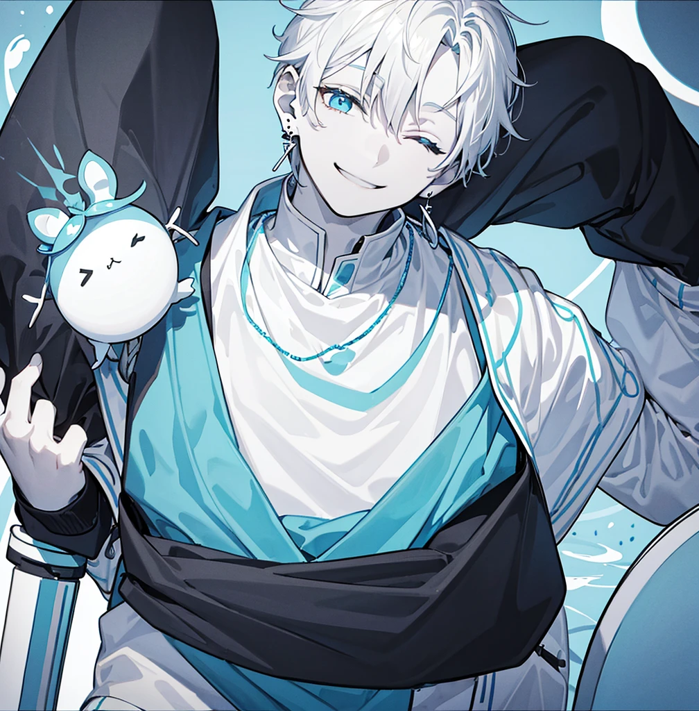 Male, clothing, earrings, smiling with eyes closed, whole body, monochrome, light blue