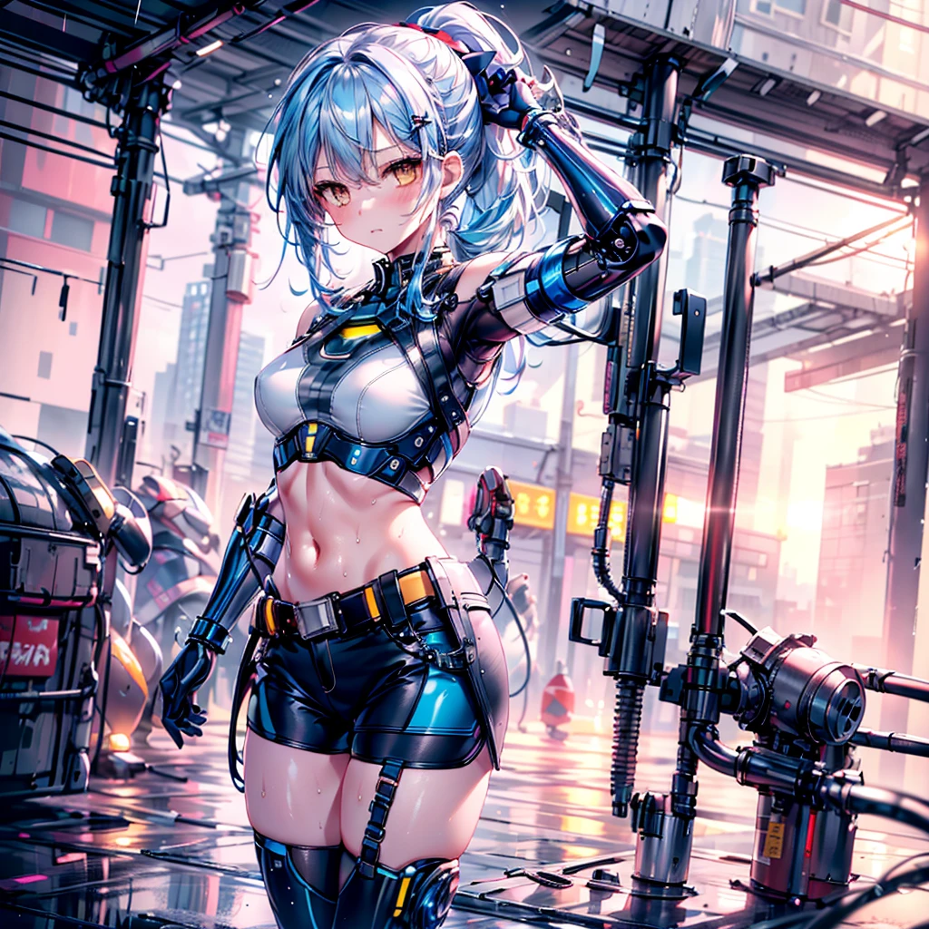 ((Highest quality,masterpiece,detailed,4K)), a girl with blue hair and a top with short sleeves holding a screw driver, 1girl, 独奏, mechanical body, mecha, long hair, blue hair, navel, gloves, shorts, breasts, sweat, wrench, short shorts, very long hair, underwear, panties, holding, belt, arm up, ponytail, small breasts, blurry background, gray sky, rain, looking at viewer, black gloves, white panties, sports bra, wiping sweat, bow, bare shoulders, bangs, cowboy shot, yellow eyes, midriff, hair bow, (expressionless), face focus