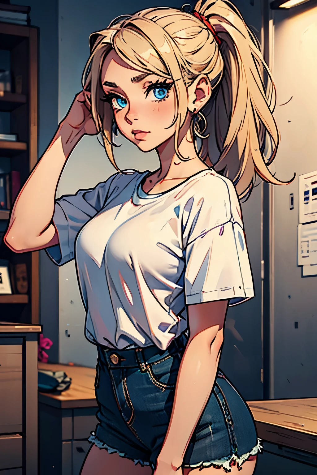 Girl with ponytail, white T-shirt and denim skirt, detailed eyes, blue eyes, office,