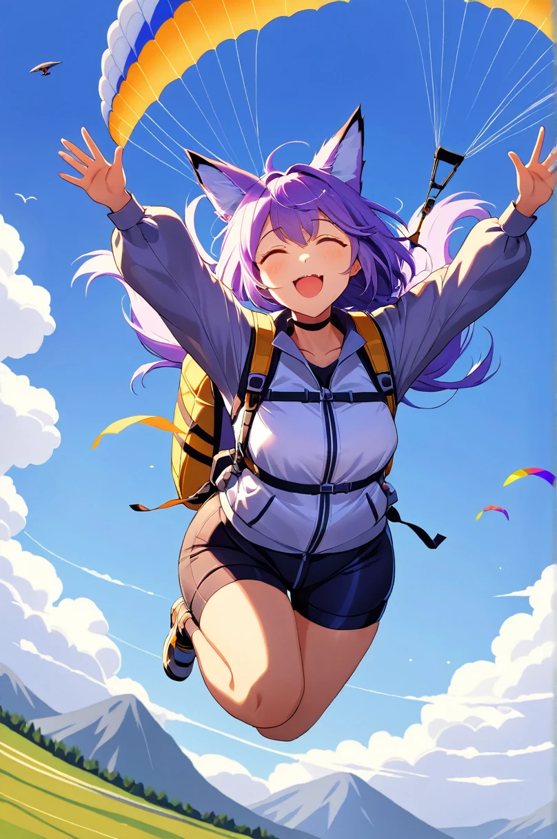 One girl, alone, paraglider, fly in the sky,Jumping,Purple Hair,long hair,Fox Ears,Adult Masterpiece, Highest quality