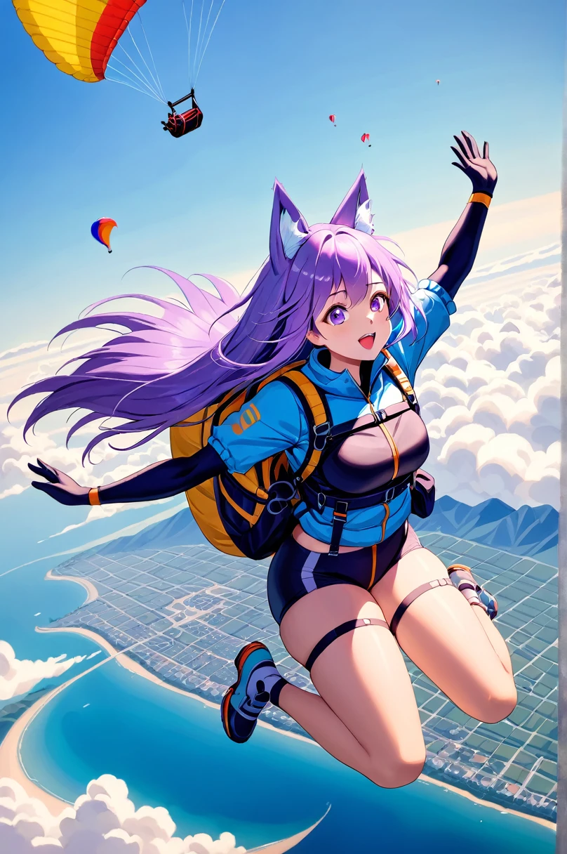 One girl, alone, paraglider, fly in the sky,Jumping,Purple Hair,long hair,Fox Ears,Adult Masterpiece, Highest quality