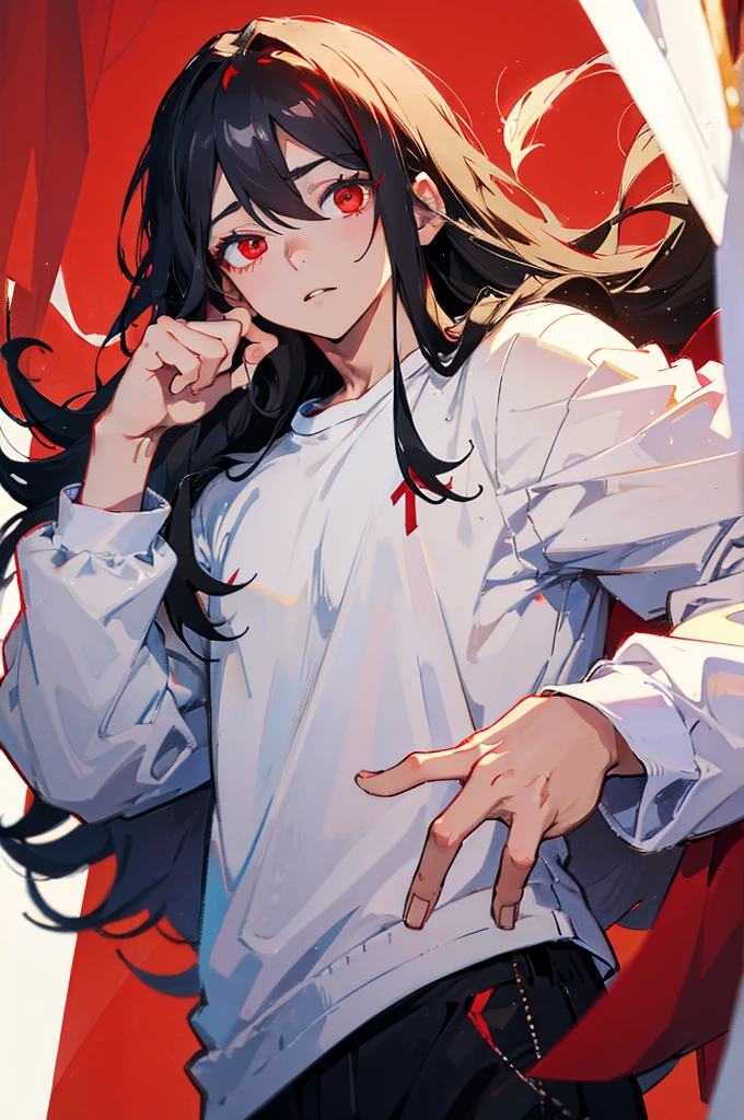 1boy,long hair white,long sleeve t-shirt,red eyes with thin eyelashes,