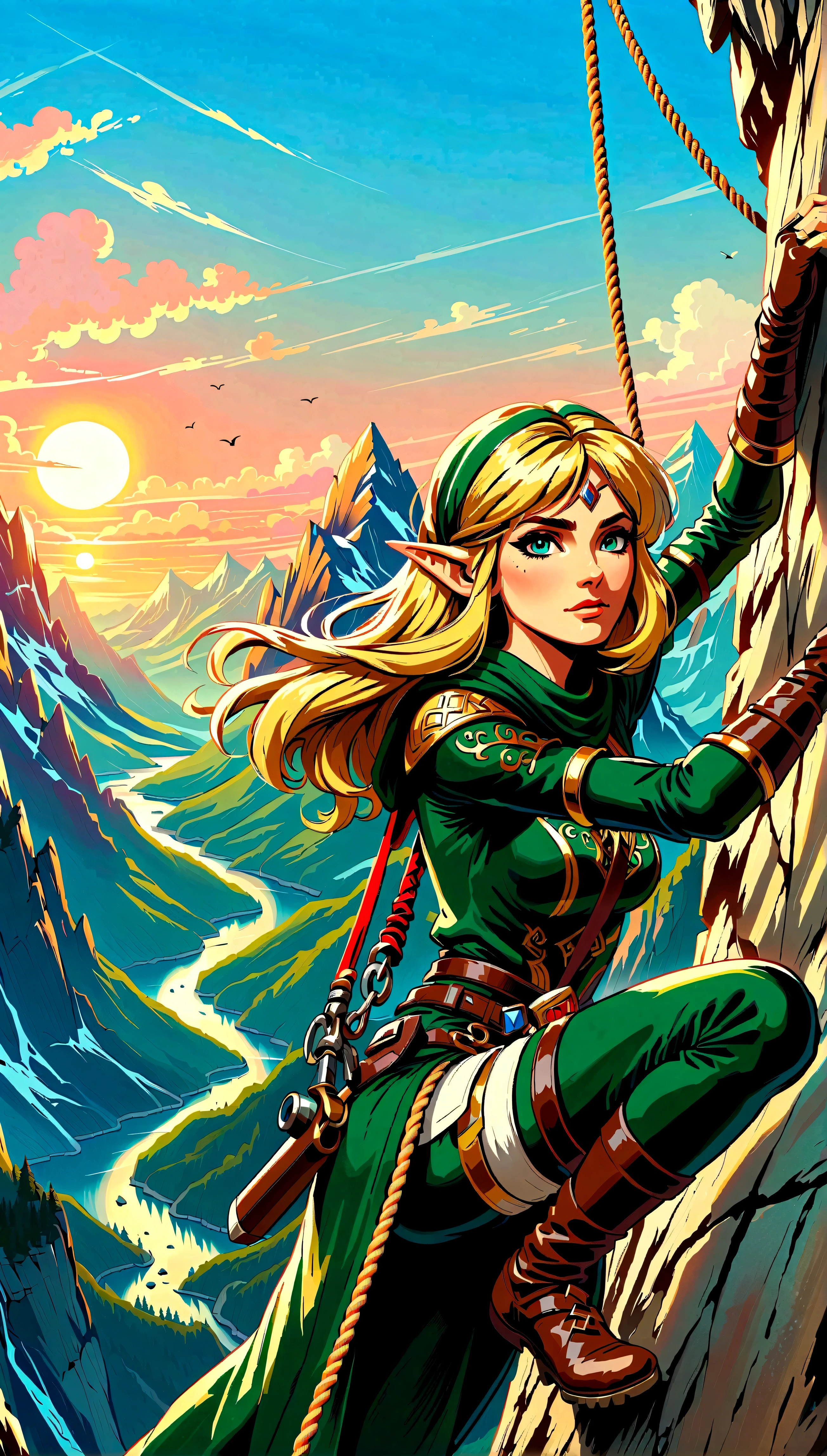 (best quality，8K，Ultra-high resolution，masterpiece)，very good，illustration，Shooting angles from top to bottom，Princess Zelda looks up，Blonde，blue eyes，Green clothes，Rock climbing action，steep，rope，Mountaineering，rock，Professional Display，sunrise，Beautiful scenery