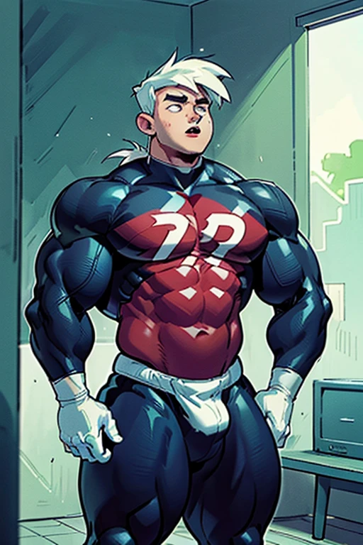 Danny Phantom and Dash Baxter, football field, ghost, hypnosis, jock, conversion, locker room hallway, hyper muscles, jockstrap, bro, meathead, hypnotized, brainwashed, brainwashing, big dumb jock, football. Glowing blue eyes. Hyper crotch bulge. Massive bulging crotch. Big balls. Big biceps. Big triceps. Big traps. Broad shoulders. Big meaty pecs. Big thighs. Thick glutes. Hyper muscles. crew cut. Football team assimilation. Well endowed. Clothes turning into Casper High School football uniform. Football shoulder pads. Chest plate. Football jersey. Football pants. Danny Fenton looks shocked and gradually transitions to a dull vapid expression instead as his eyes glow. Fellow football players lay gloved hands on his shoulder pads. "Gah! What happened to me? I look like a—! Like a ... BIG ... DUMB ... JOCK...." Open mouth. Blank stare. Touching a swollen crotch. digital painting. Very detailed. Vapid stare. Dumber and dumber. Brain drain. Dash Baxter smirks and says, "That's because that is what you are now, Fenton. You're gonna be just like us. And you're gonna love every minute of it." Danny replies, "Love ... being ... a jock.... Big ... dumb ... studly ... football jock.... Must protect the Quarterback.... Fucking dumb jock.... Must ... protect ... Dash...." Dash Baxter smirks. "That's right, Fenton. The lineman protects the quarterback. You're MY lineman now. So fall in, Fenton, like a good fucking dumb jock." Danny replies, "Yes, Dash. Falling in.... Your jock .... Must ... obey.... I ... must obey...."