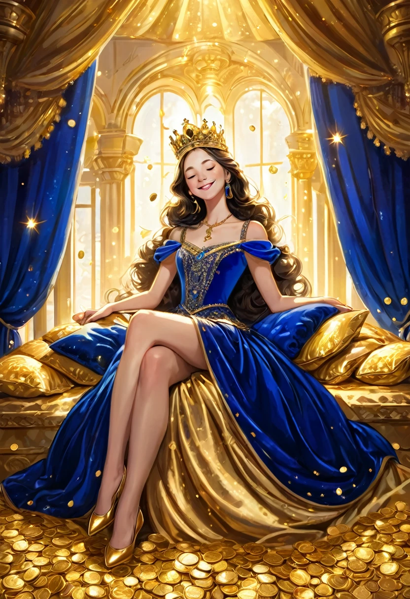 A princess sleeping on a bed of gold, a crown, royal clothes of wine royal blue velvet, a soft canopy, a gentle expression, a smile, surrounded by gold coins, full of money, stacked with gold coins, a gorgeous room like a palace, fine particles of light