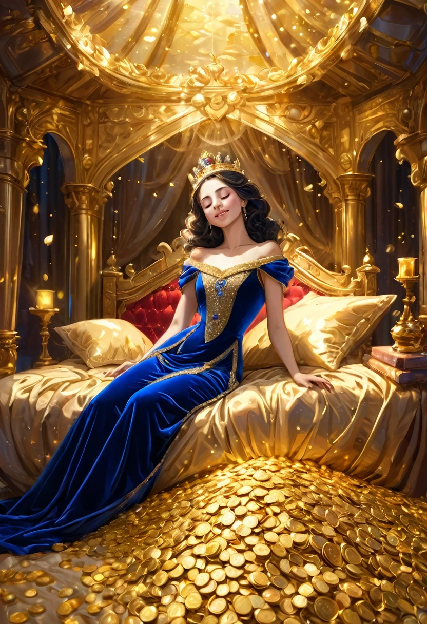 A princess sleeping on a bed of gold, a crown, royal clothes of wine royal blue velvet, a soft canopy, a gentle expression, a smile, surrounded by gold coins, full of money, stacked with gold coins, a gorgeous room like a palace, fine particles of light