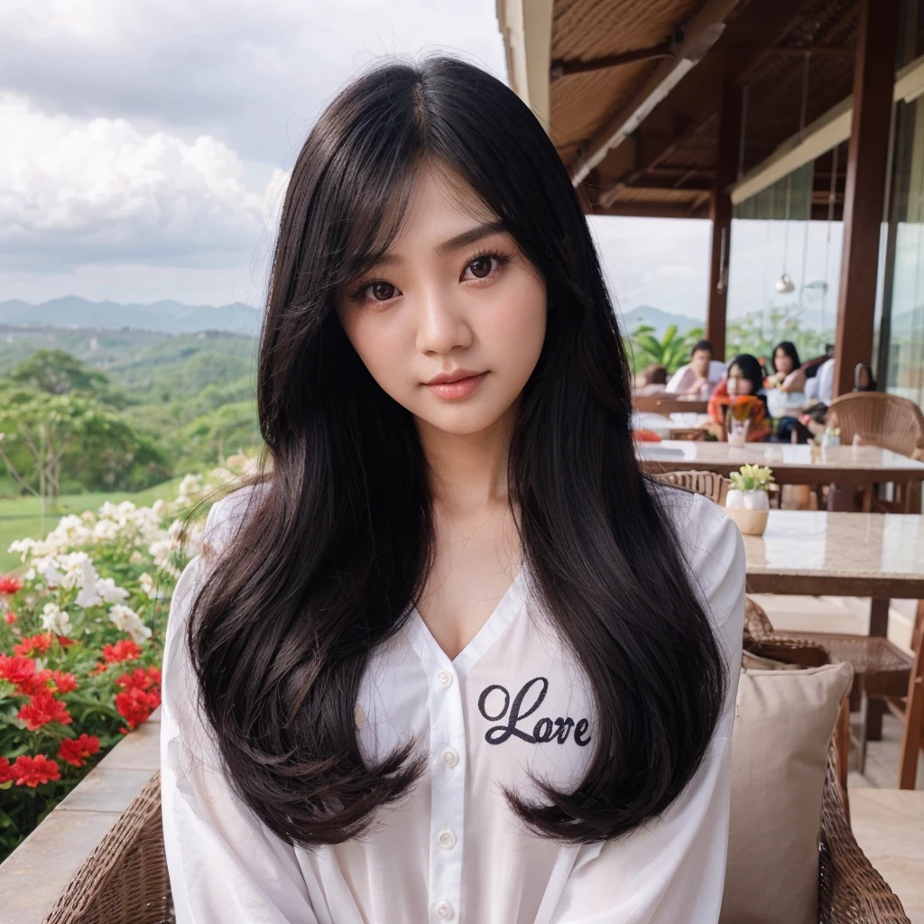 a beautiful Indonesian woman with a cute Korean face, long black hair , wear long colored baby doll clothes, There's writing (love)was sitting in front of the terrace of a luxury villa, with a faint smiling face, The background is a beautiful view, there are lots of flowers around, the picture is very clear and real, realistic 16k