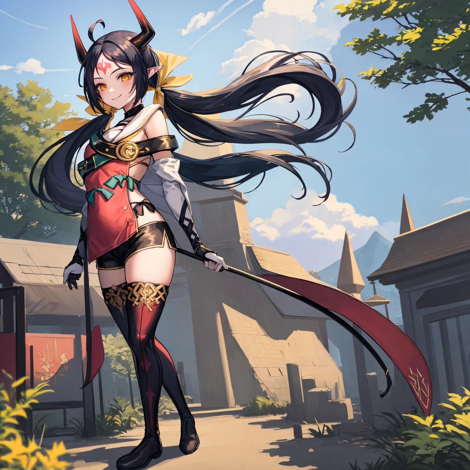 masterpiece, best quality, 1girl, solo, dsaravi, smile, black hair, yellow eyes, pointy ears, very long hair, twintails, ahoge, horns, forehead mark, hair ribbon, red tabard, chest belt, elbow gloves, thighhigh boots, black shorts, small breasts, standing, outdoors, playground, morning, windmill, cowboy shot 