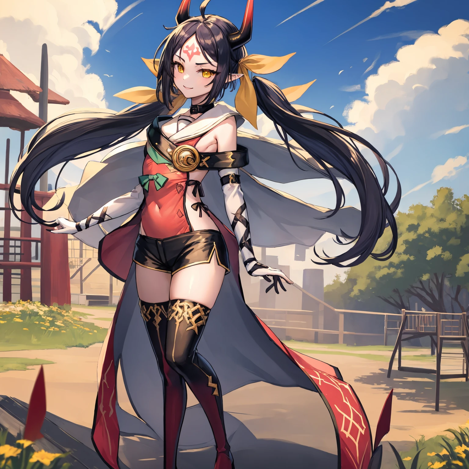 masterpiece, best quality, 1girl, solo, dsaravi, smile, black hair, yellow eyes, pointy ears, very long hair, twintails, ahoge, horns, forehead mark, hair ribbon, red tabard, chest belt, elbow gloves, thighhigh boots, black shorts, small breasts, standing, outdoors, playground, morning, windmill, cowboy shot
