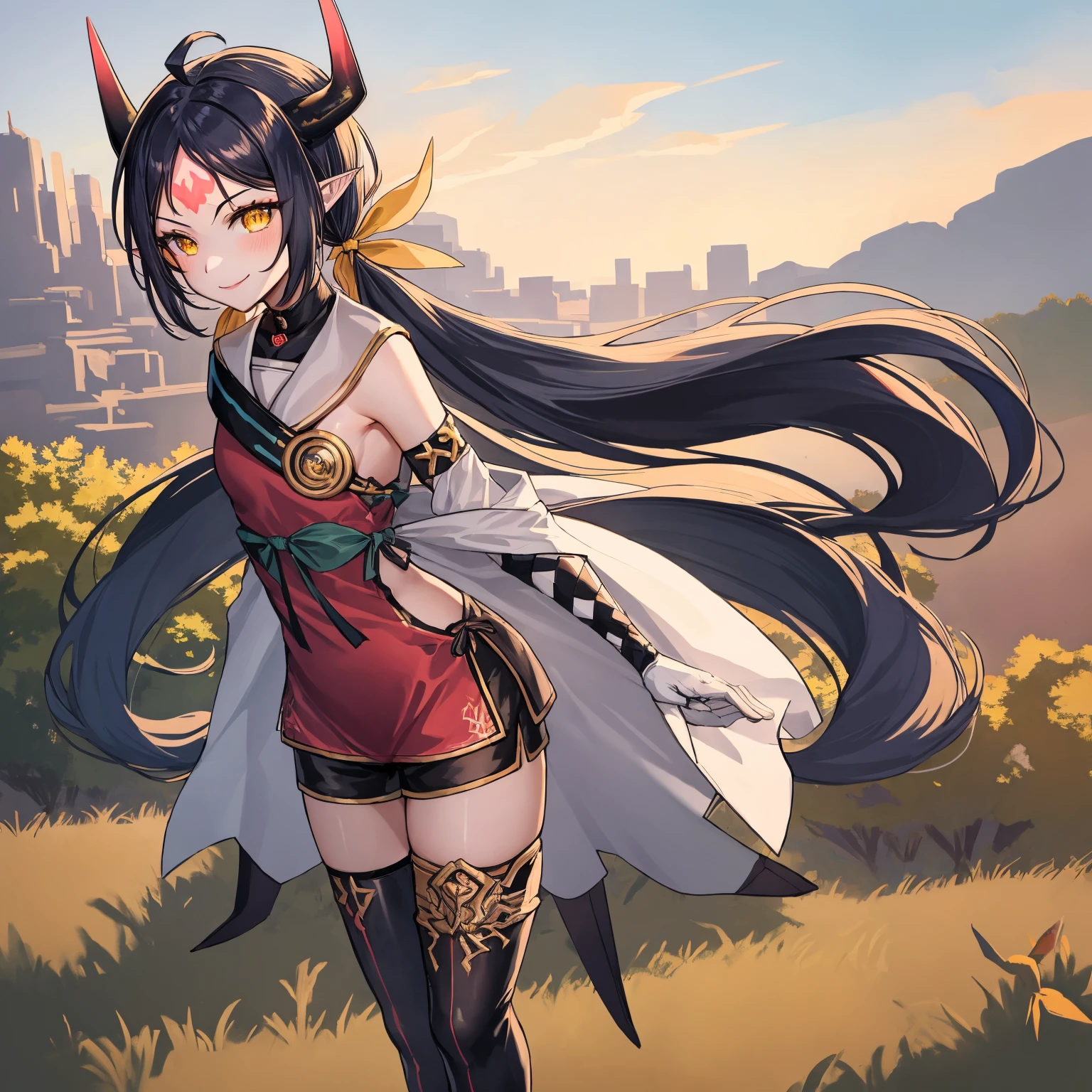 masterpiece, best quality, 1girl, solo, dsaravi, smile, black hair, yellow eyes, pointy ears, very long hair, twintails, ahoge, horns, forehead mark, hair ribbon, red tabard, chest belt, elbow gloves, thighhigh boots, black shorts, small breasts, standing, outdoors, playground, morning, windmill, cowboy shot