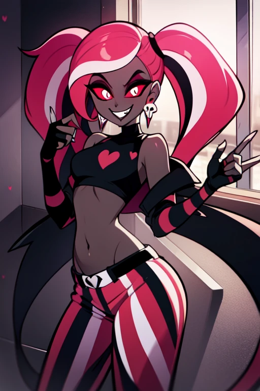 VelvetteHH, dark eyeshadow, white pupils, red sclera, pink hair, two-tone hair, twintails, long hair, skull earrings, colored skin, dark skin, fangs, black jacket, (black crop top:1.4), (crop top with heart design), bare shoulders, fingerless gloves, elbow gloves, (vertical striped pants:1.2), standing, smile, looking at viewer, indoors