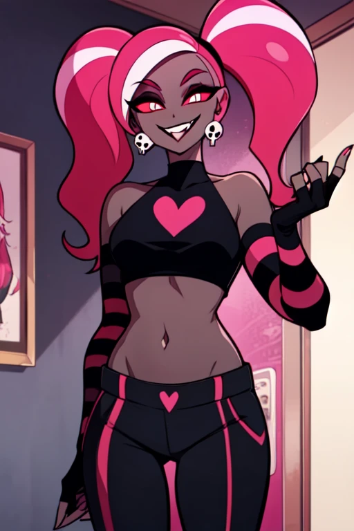 VelvetteHH, dark eyeshadow, white pupils, red sclera, pink hair, two-tone hair, twintails, long hair, skull earrings, colored skin, dark skin, fangs, black jacket, (black crop top:1.4), (crop top with heart design), bare shoulders, fingerless gloves, elbow gloves, (vertical striped pants:1.2), standing, smile, looking at viewer, indoors