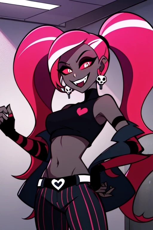 VelvetteHH, dark eyeshadow, white pupils, red sclera, pink hair, two-tone hair, twintails, long hair, skull earrings, colored skin, dark skin, fangs, black jacket, (black crop top:1.4), (crop top with heart design), bare shoulders, fingerless gloves, elbow gloves, (vertical striped pants:1.2), standing, smile, looking at viewer, indoors