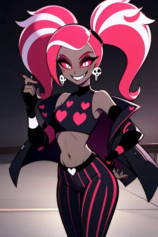 VelvetteHH, dark eyeshadow, white pupils, red sclera, pink hair, two-tone hair, twintails, long hair, skull earrings, colored skin, dark skin, fangs, black jacket, (black crop top:1.4), (crop top with heart design), bare shoulders, fingerless gloves, elbow gloves, (vertical striped pants:1.2), standing, smile, looking at viewer, indoors