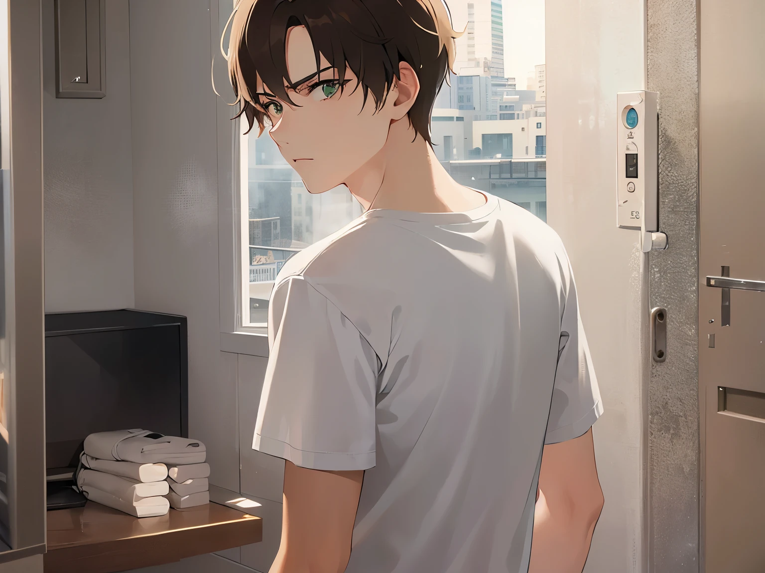 looking back,(26-year-old male:1.5),(Brown short hair),(Green Eyes),BREAK(White T-shirt:1.5)BREAK,(glaring:1.3),The background is the living room,alone,