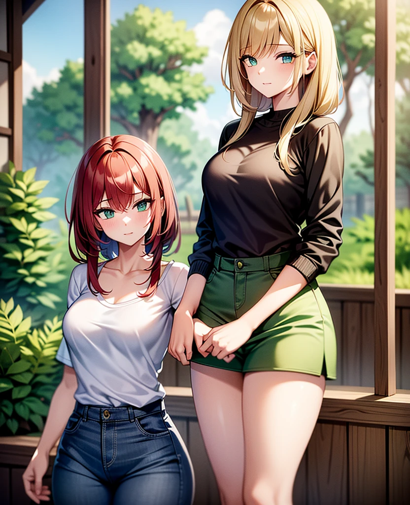 two girls, a girl with long light yellow hair and green eyes, second girl long dark red hair blue eyes, with casual clothes