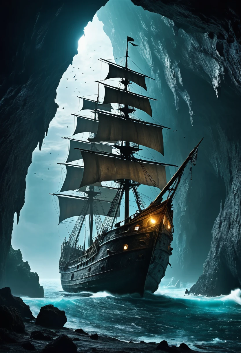 Dark fantasy world view.Ghost Ship of Tattered Sails.Enter the cave.