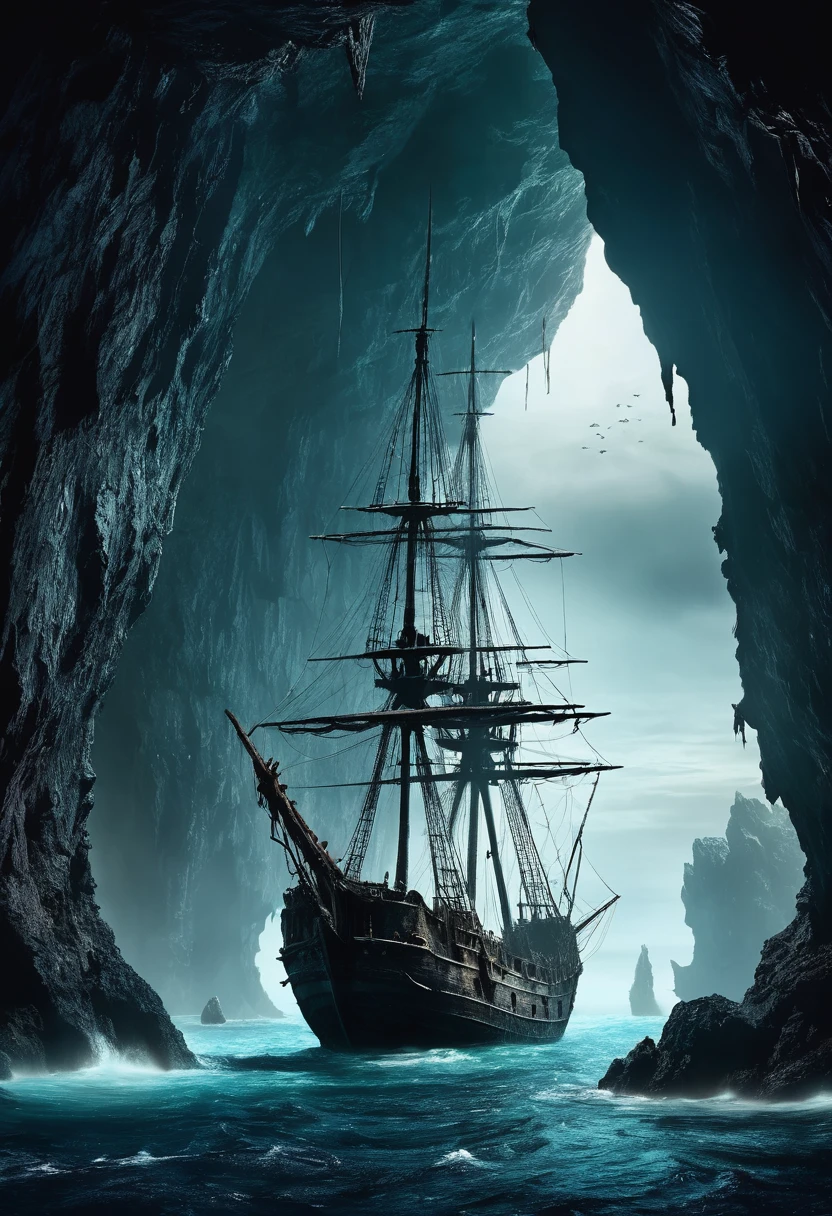 Dark fantasy world view.Ghost Ship of Tattered Sails.Enter the cave.
