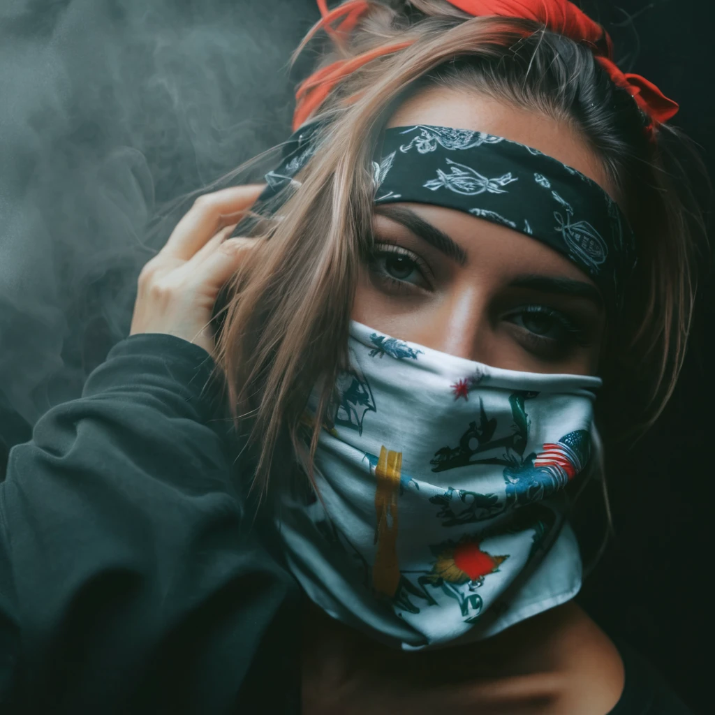 there is a woman with a bandana covering her face, distorted photo, wlop!!, wlop |, badass filters and effects, made with photoshop, hyperealistic photo, loish and wlop, smogpunk, beeple!!, wlop style, by Zahari Zograf, anaglyph effect, photo manipulation, vaponpunk