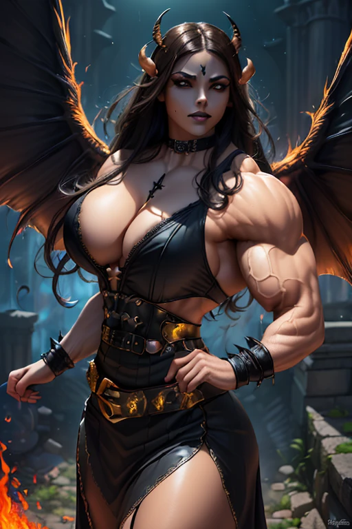 (((((Massive, beautiful, buff, light brown skinned muscular woman with demon wings, black hair, black lipstick, ginormous bulky muscles, behind fire and wearing a gothic blouse with beautiful gothic skirt))))), (close view), (massive muscles), (hyper muscle), long straight hair, ((gothic blouse)), orange eyes, (spiky gauntlets), (((demon wings))), choker, ((beautiful black gothic skirt with gothic belt)), black high heels, (on top of a dilapidated building), (Dark and moody universe:1.3), (closed smile), night, (massive arms)