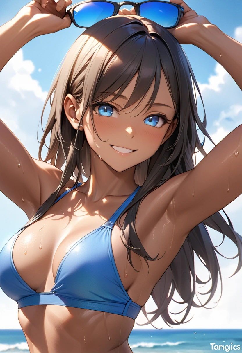 Highest quality、Realistic、girl、zoom、Bright Blue Eyes、Long Hair、Light blue swimsuit、Tanned black body、A well-trained body、logic、Abdominal logics、athlete、Brown black skin、thin、Sweat。smile、Summer Sea、Bust Shot