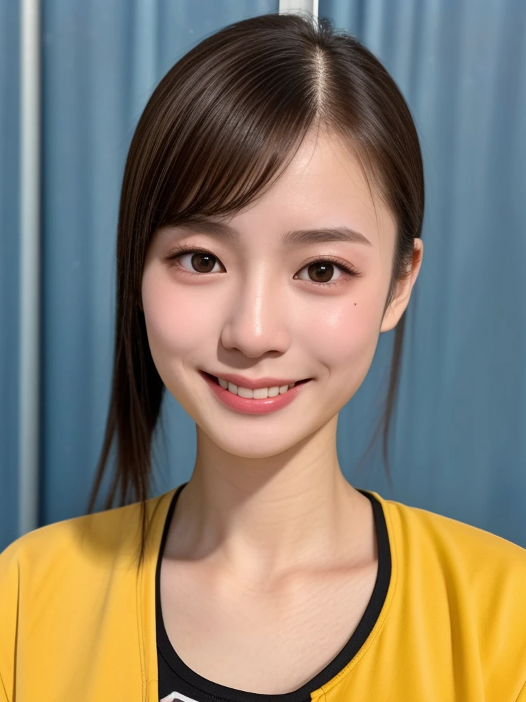 (kawaii 18 year-old Japanese girl, Nogizaka idol, Korean idol, track and field player), healthy female athlete body, glossy brown hair, (high ponytail, bangs:1.2), beautiful black eyes, rounded face, single eyelid, (no makeup:1.2), (big laughing), (yellow crop topt:1.3), extra small breasts, BREAK, (dynamic angle, bust shot:1.2), BREAK, (masterpiece, best quality, photo realistic, official art:1.4), (UHD, 8K quality wallpaper, high resolution, raw photo, golden ratio:1.3), (shiny skin), professional lighting, physically based rendering, award winning, (highly detailed skin texture, extremely detailed face and eyes textures), Carl Zeiss 85 mm F/1.4, depth of field, (1girl, solo),