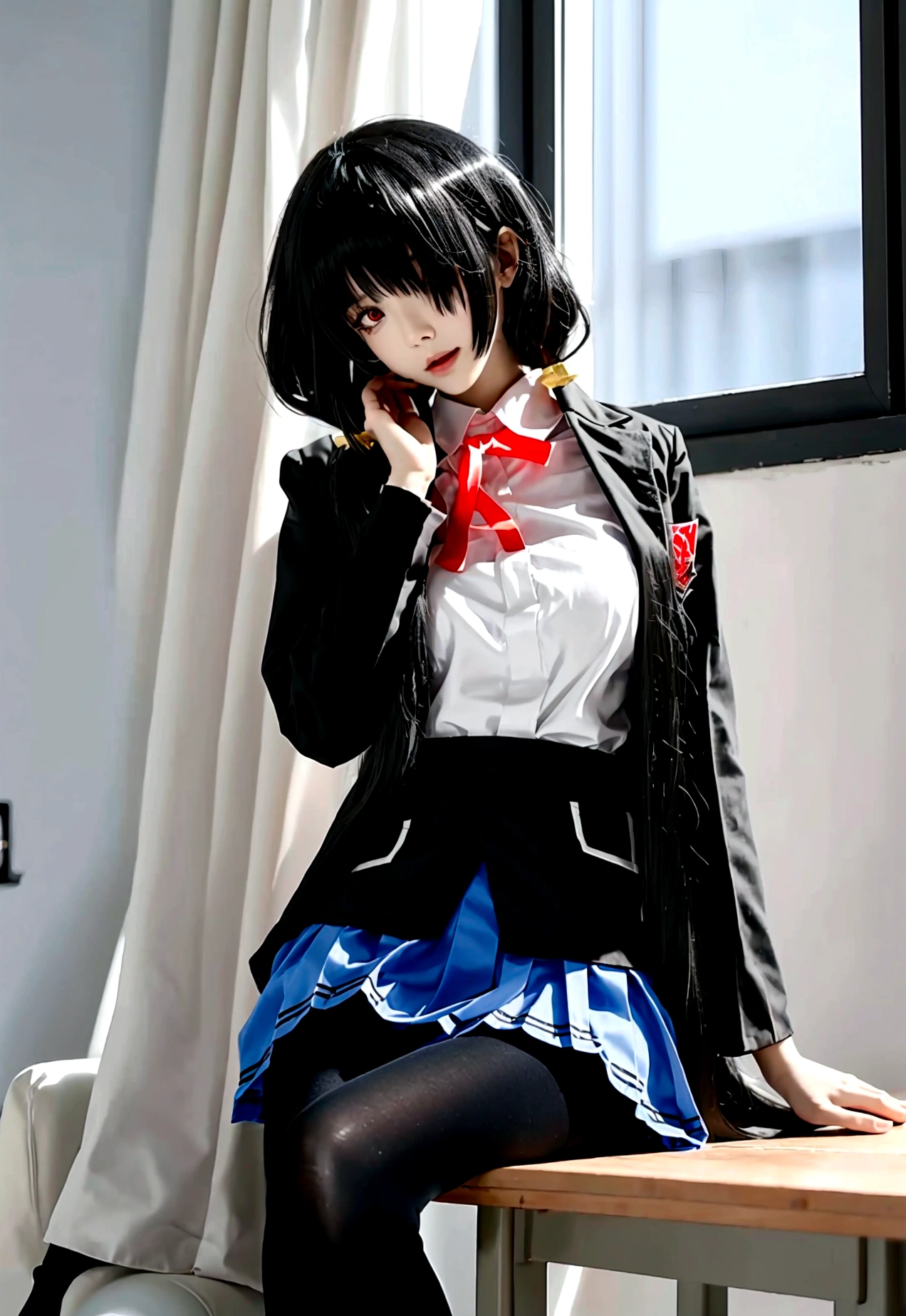 ultra-detailed,highly detailed,best quality,masterpiece,illustration, 
The image depicts an anime-style character with long black hair covering one eye and red eyes. She is wearing a white uniform shirt with a black tie, black skirt, and black tights. The shirt has a badge on the left sleeve and shoulder epaulettes with gold details. She has a holster with a gun on her right hip. The character is sitting with one leg crossed over the other, holding her right hand near her chin. The background appears to be an indoor setting with a warm light source illuminating part of the scene.