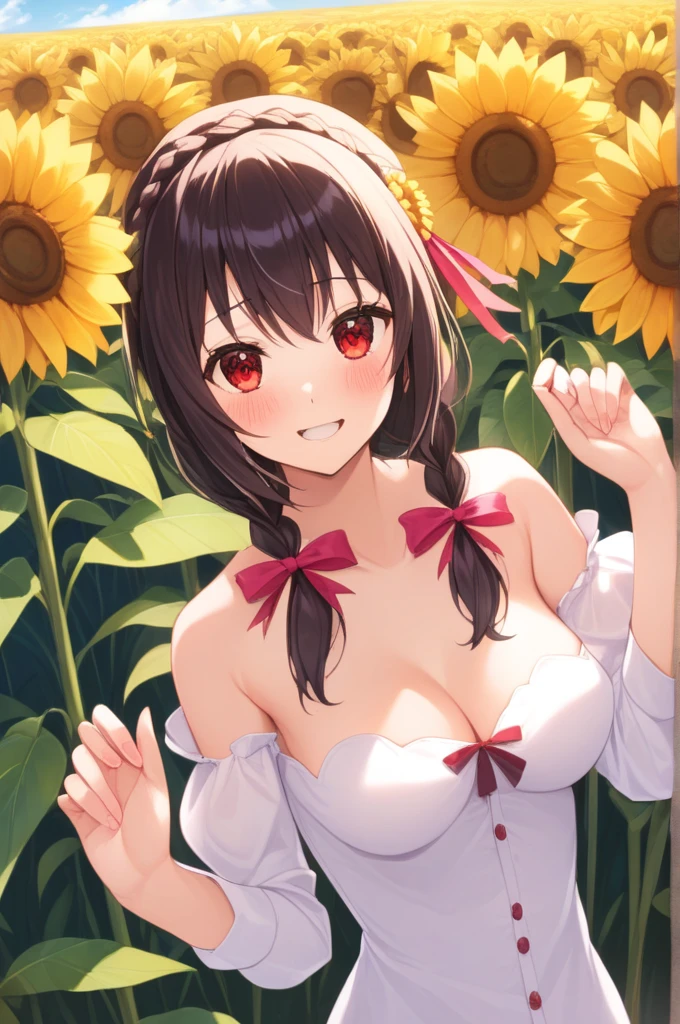 alone, One girl、Crown braids in the same color as your hair, hair ornaments, Hair Ribbon, Pink tie, (White dress), Sunflower field、Red Eyes、Black Hair、(blush:1.urprised and smiling:1.2)、Slly larger breasts、(ew:1.2)