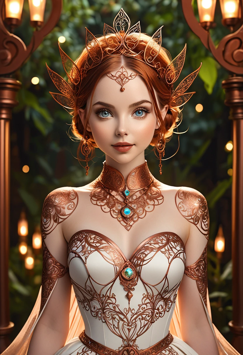 Steampunk inspired pixie princess. copper wire necklaces and bangles. Crown of fine copper wire. copper coloured tatoos cover her face and body intricate and beautiful designs. LArge pointed ears that end in curlicues. Hands on hips. Ember colored eyes adorned with intricate copper wireing. a pure white dress, hemmed with copper, covered in copper lace and filligree. silver designs cover the skirt in a kaleidoscope of intricate copper designs. Background is magical verdant forrest. Her visage is a mesmerizing blend of Sydney Sweeney, Alison Brie, Dove-Cameron, creating a unique, symmetrical face that exudes elegance and grace. copper colores face tattoos. Copper colored arms, and chest tatoos. Cozy, romantic lighting. Cheerful smile. Copper hair that shimmers and sparkles in the lights. Hourglass figure. copper lips. dark copper eye shadow.
