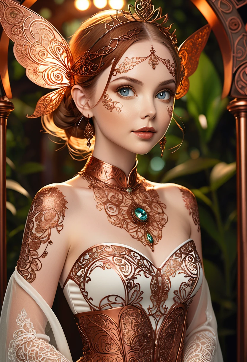 Steampunk inspired pixie princess. copper wire necklaces and bangles. Crown of fine copper wire. copper coloured tatoos cover her face and body intricate and beautiful designs. LArge pointed ears that end in curlicues. Hands on hips. Ember colored eyes adorned with intricate copper wireing. a pure white dress, hemmed with copper, covered in copper lace and filligree. silver designs cover the skirt in a kaleidoscope of intricate copper designs. Background is magical verdant forrest. Her visage is a mesmerizing blend of Sydney Sweeney, Alison Brie, Dove-Cameron, creating a unique, symmetrical face that exudes elegance and grace. copper colores face tattoos. Copper colored arms, and chest tatoos. Cozy, romantic lighting. Cheerful smile. Copper hair that shimmers and sparkles in the lights. Hourglass figure. copper lips. dark copper eye shadow.