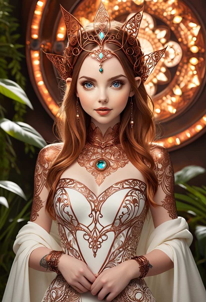 Steampunk inspired pixie princess. copper wire necklaces and bangles. Crown of fine copper wire. copper coloured tatoos cover her face and body intricate and beautiful designs. LArge pointed ears that end in curlicues. Hands on hips. Ember colored eyes adorned with intricate copper wireing. a pure white dress, hemmed with copper, covered in copper lace and filligree. silver designs cover the skirt in a kaleidoscope of intricate copper designs. Background is magical verdant forrest. Her visage is a mesmerizing blend of Sydney Sweeney, Alison Brie, Dove-Cameron, creating a unique, symmetrical face that exudes elegance and grace. copper colores face tattoos. Copper colored arms, and chest tatoos. Cozy, romantic lighting. Cheerful smile. Copper hair that shimmers and sparkles in the lights. Hourglass figure. copper lips. dark copper eye shadow.