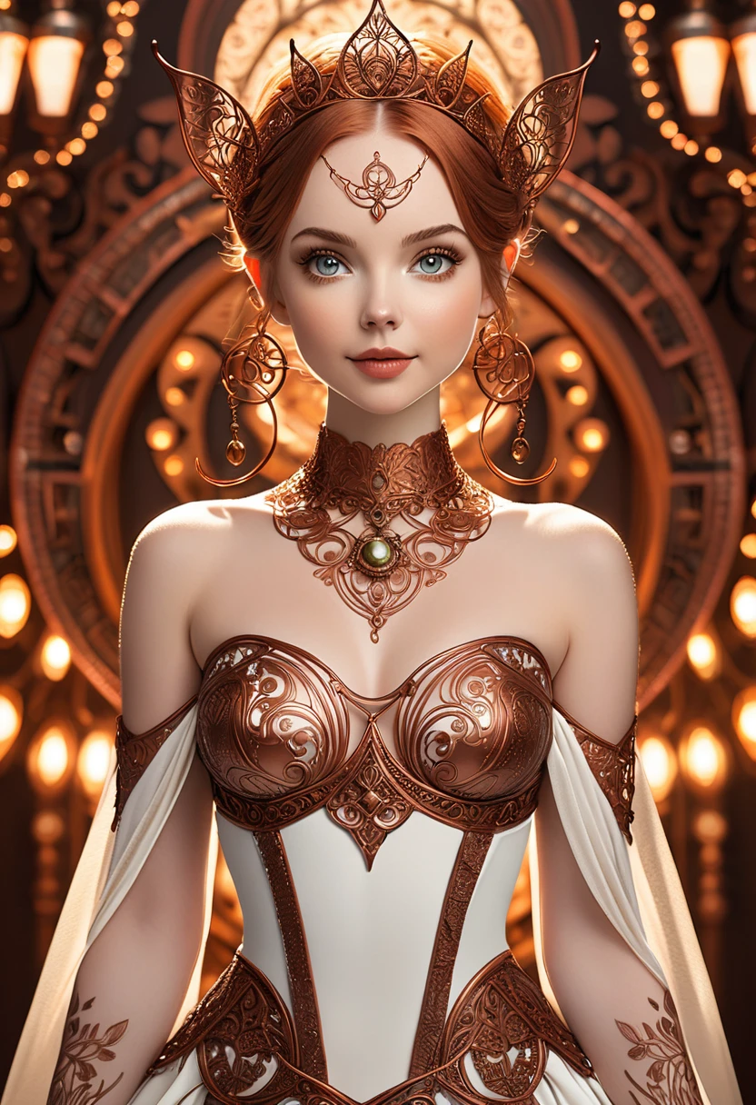 Steampunk inspired pixie princess. copper wire necklaces and bangles. Crown of fine copper wire. copper coloured tatoos cover her face and body intricate and beautiful designs. LArge pointed ears that end in curlicues. Hands on hips. Ember colored eyes adorned with intricate copper wireing. a pure white dress, hemmed with copper, covered in copper lace and filligree. silver designs cover the skirt in a kaleidoscope of intricate copper designs. Background is magical verdant forrest. Her visage is a mesmerizing blend of Sydney Sweeney, Alison Brie, Dove-Cameron, creating a unique, symmetrical face that exudes elegance and grace. copper colores face tattoos. Copper colored arms, and chest tatoos. Cozy, romantic lighting. Cheerful smile. Copper hair that shimmers and sparkles in the lights. Hourglass figure. copper lips. dark copper eye shadow.