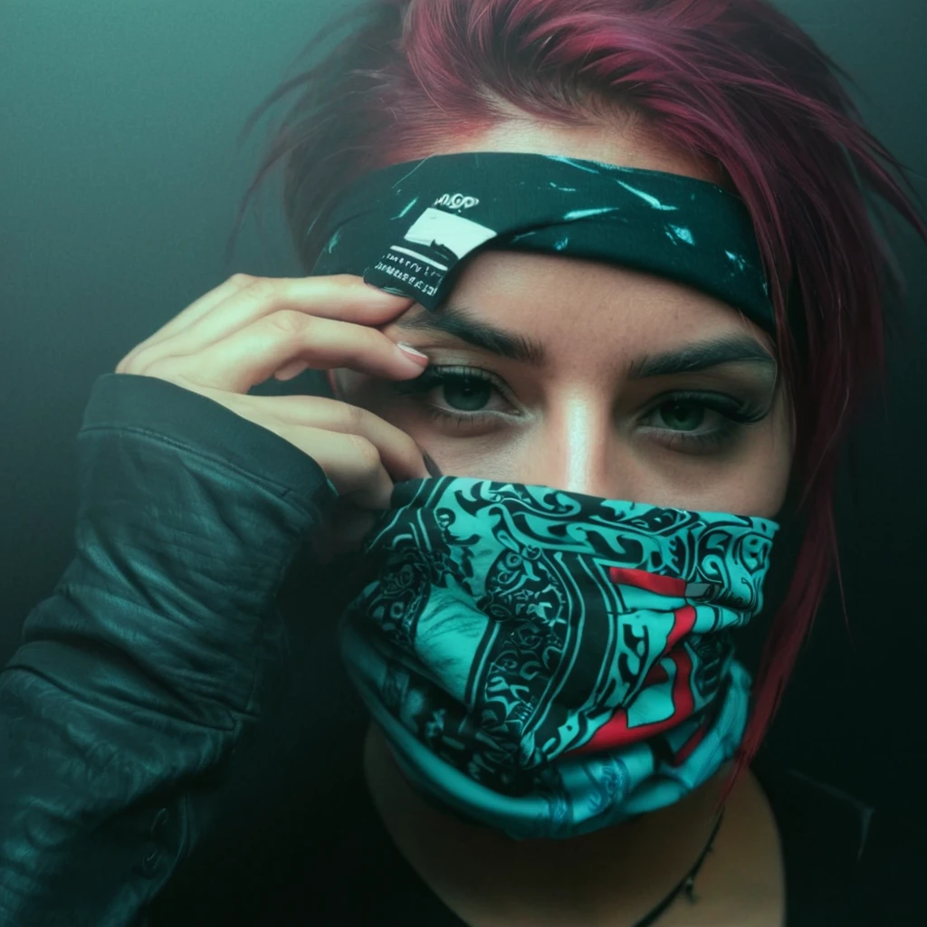there is a woman with a bandana covering her face, distorted photo, wlop!!, wlop |, badass filters and effects, made with photoshop, hyperealistic photo, loish and wlop, smogpunk, beeple!!, wlop style, by Zahari Zograf, anaglyph effect, photo manipulation, vaponpunk