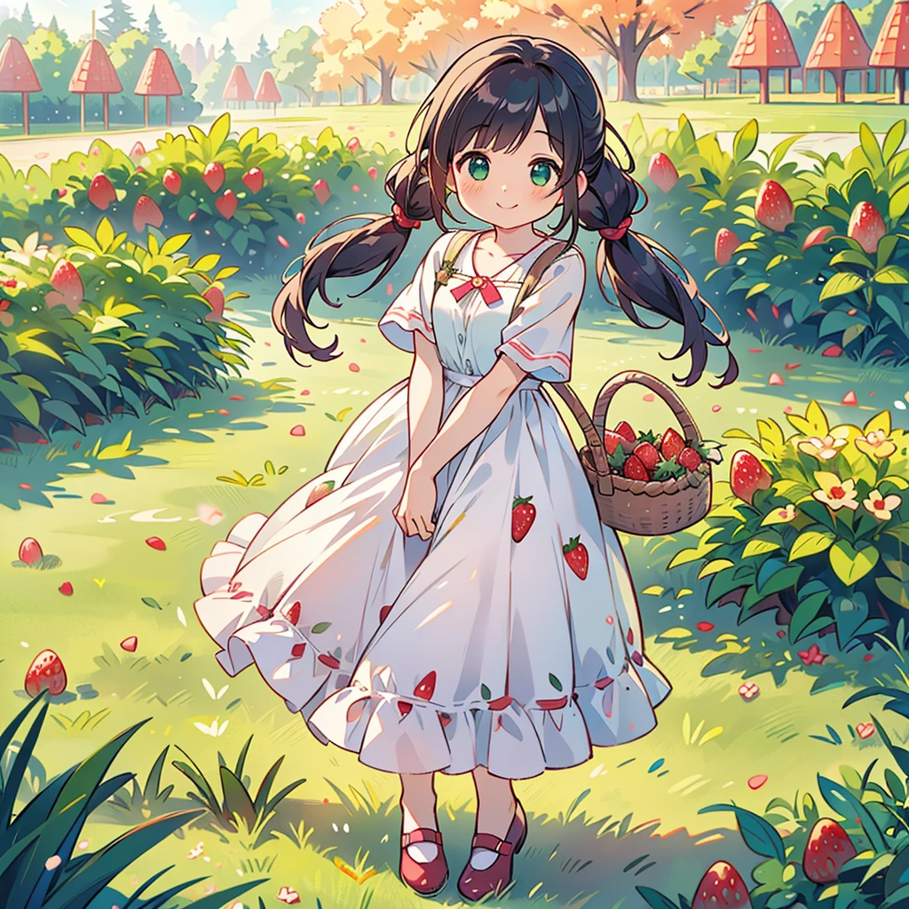 (realistic:1.37)、Octane rendering、morning park、Strawberry set、The girl has a twin tail hairstyle and a smile.、Strawberries fall from the sky、bright colors、soft sunlight、beautiful flowers、green grass、Fun atmosphere、Quiet environment、Fine texture、bright colors、Cute shoes and accessories、he looks happy