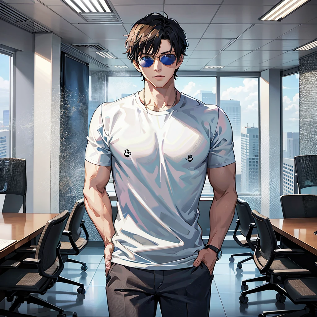 There is a man standing with his hands in his pockets in the office, anime handsome guy, Smooth Anime CG Art, Handsome Anime Pose, realistic anime 3 d style, tall anime man with blue eyes, realistic shaded perfect body, official illustrations, digital anime illustration, (SFW) safe for work, Anime portrait of a handsome man, Commission for high resolution