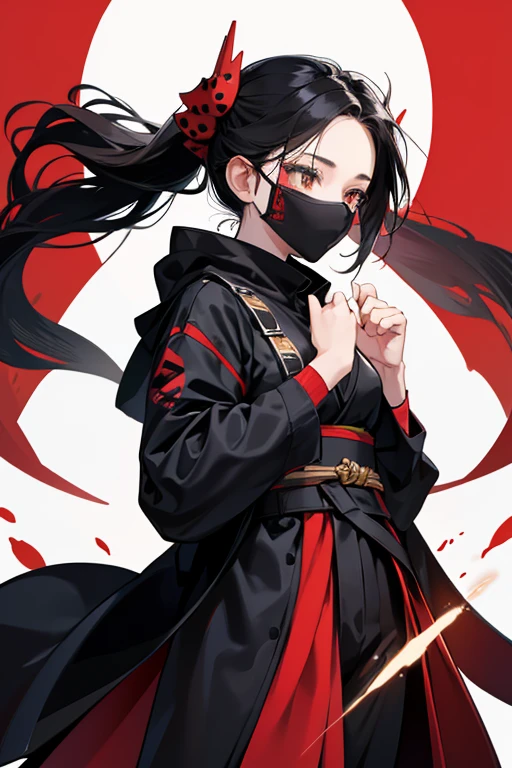 She wore a red shinobi shōzoku with black dots and black edges around the jacket garment and belt. Her hooded cowl covered most of her face except her eyes. Over her upper arms, and over the front and backsides of her hands, she wore black bracelets, and on three fingers of her left hand, she had a nekode SPARKLE; GLITTER;