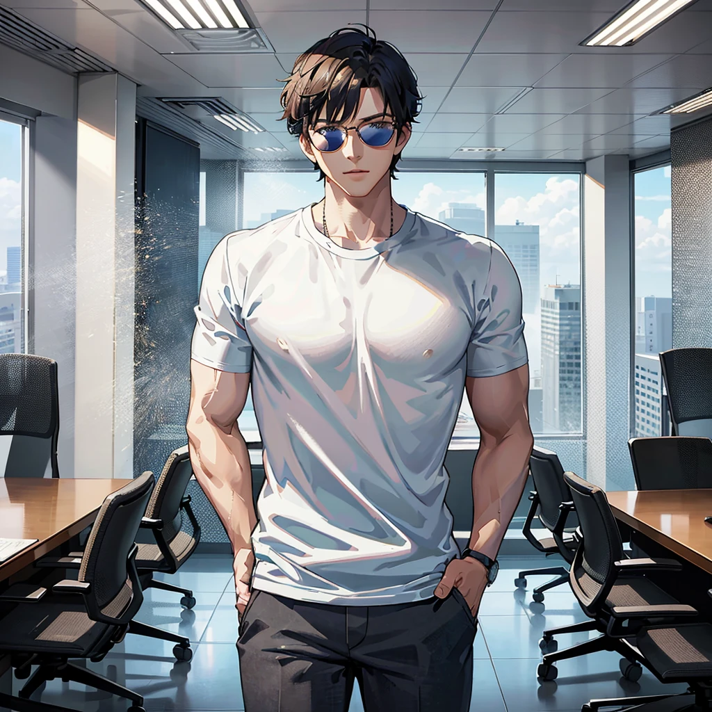 There is a man standing with his hands in his pockets in the office, anime handsome guy, Smooth Anime CG Art, Handsome Anime Pose, realistic anime 3 d style, tall anime man with blue eyes, realistic shaded perfect body, official illustrations, digital anime illustration, (SFW) safe for work, Anime portrait of a handsome man, Commission for high resolution