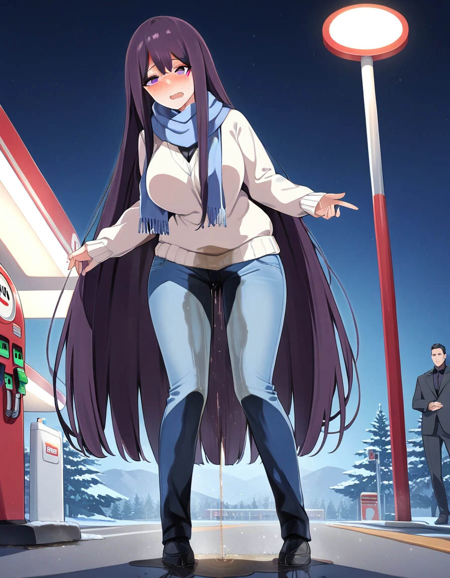 (masterpiece:1.37), best quality, (extremely detailed:1.37), (1girl:1.5), woman, (mature:1.5), (adult:1.5), large breasts, very long hair, (straight hair:1.5), (very dark purple hair:1.5), purple eyes, (extremely detailed eyes:1.37), sweater, scarf, jeans, desperation, (wetting self:1.5), standing, embarrassed, humiliation, blushing, gas station, snowing, street, golden hour, full body