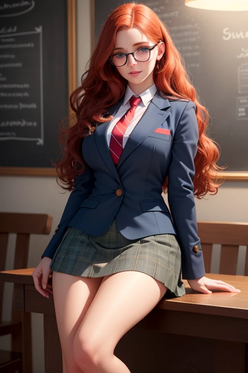 a beautiful young woman with long curly red hair, beautiful detailed eyes, large round glasses, beautiful detailed lips, extremely detailed eyes and face, freckles on her face, large bust, chubby, long eyelashes, wearing a blue blazer style uniform with tie and tight skirt, knee socks, standing in an anatomy club room, looking at the viewer with a sweet expression, surrounded by drawings of the human body on a blackboard, with a replica of the human bust on a table, (best quality,4k,8k,highres,masterpiece:1.2),ultra-detailed,(realistic,photorealistic,photo-realistic:1.37),HDR,UHD,studio lighting,ultra-fine painting,sharp focus,physically-based rendering,extreme detail description,professional,vivid colors,bokeh,portraits,photography,warm colors,dramatic lighting